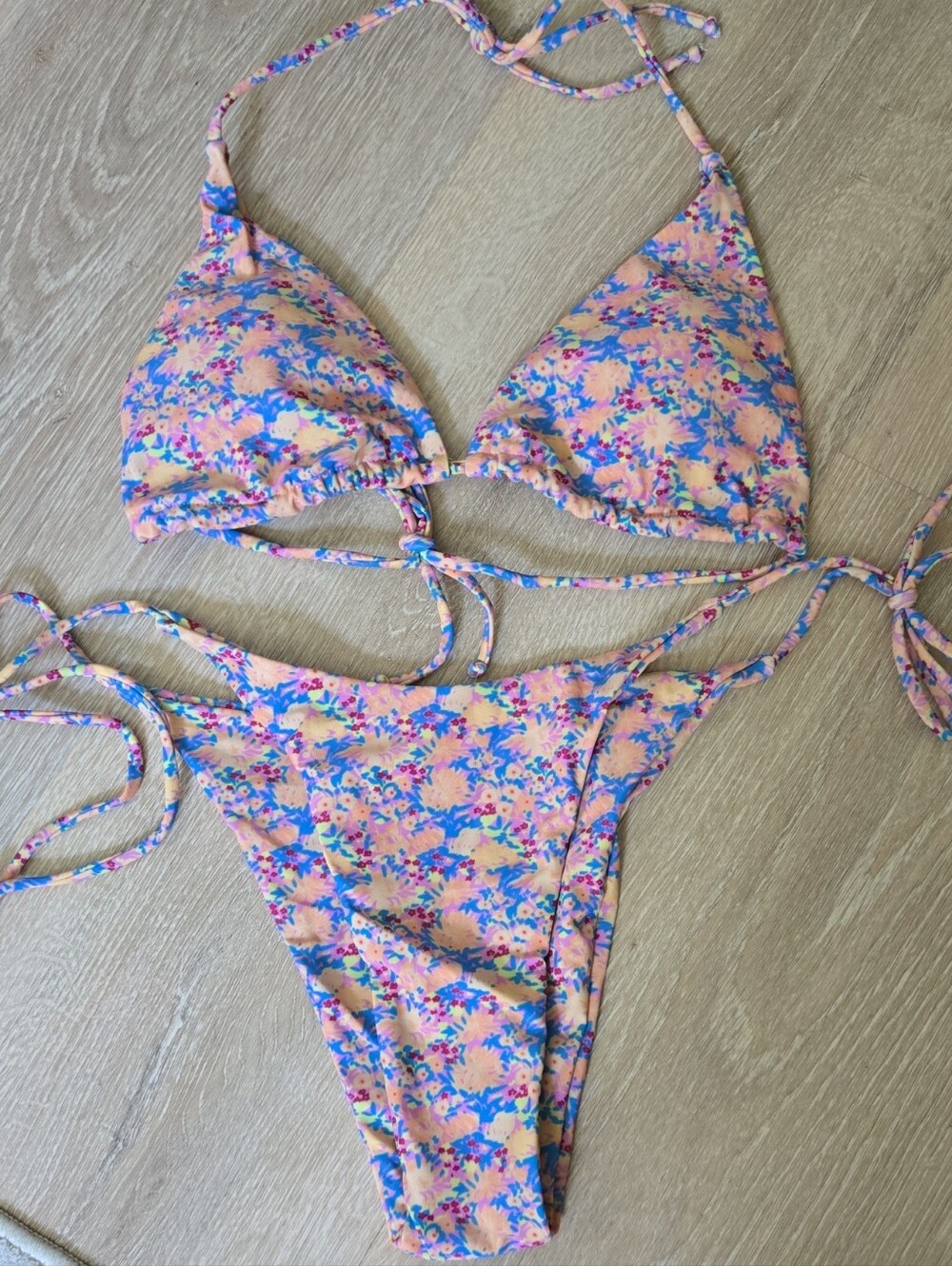 Floral Tie Bikini Set in Peach and Blue